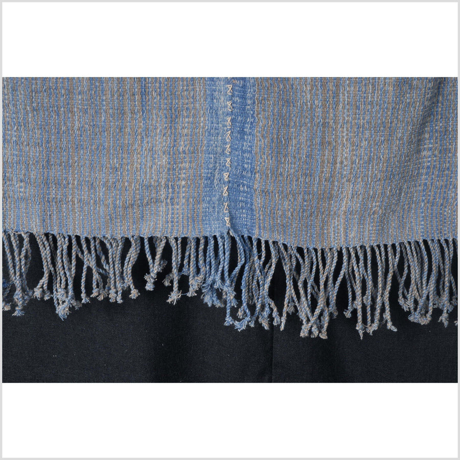 Ethnic cotton tribal textile, Karen Hmong handwoven fabric, Thailand hilltribe striped throw blue warm gray boho tunic VB99