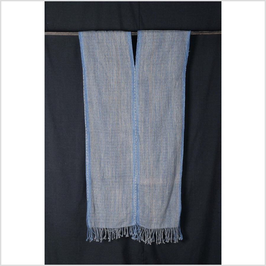 Ethnic cotton tribal textile, Karen Hmong handwoven fabric, Thailand hilltribe striped throw blue warm gray boho tunic VB99