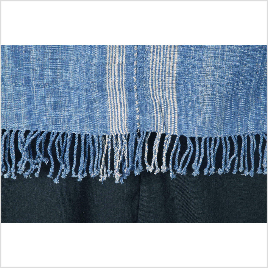 Ethnic cotton tribal textile, Karen Hmong handwoven fabric, Thailand hilltribe striped throw blue white boho tunic VC21