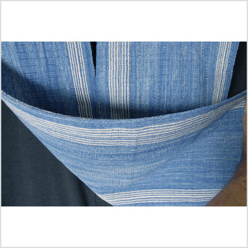Ethnic cotton tribal textile, Karen Hmong handwoven fabric, Thailand hilltribe striped throw blue white boho tunic VC21