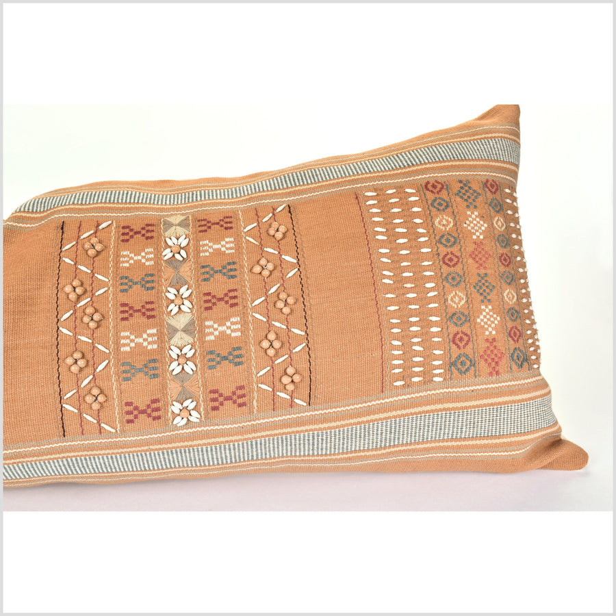 Ethnic long lumbar cushion, yellow ochre, white, rust, pale blue, gray, tribal pillowcase, 14 x 36 in. handwoven cotton, natural organic dye, Job's tears seeds PP66