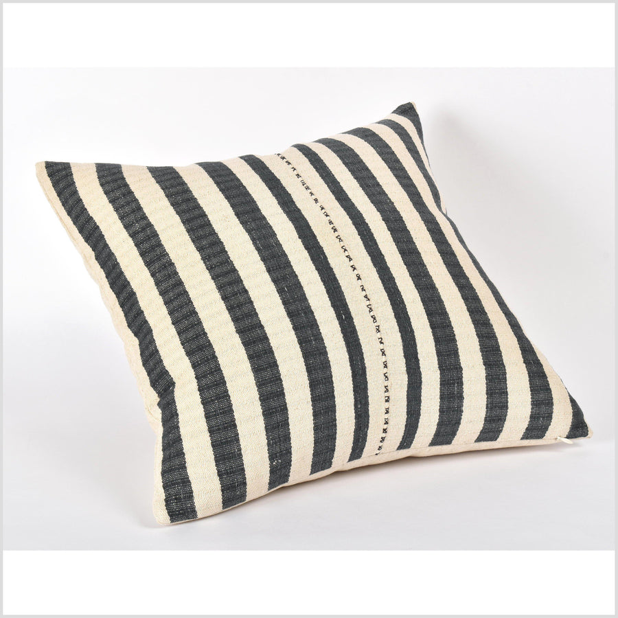 Ethnic striped cushion, cream warm off-white black tribal 19 in. square pillow, handwoven cotton, Hmong neutral, natural organic dye PP16