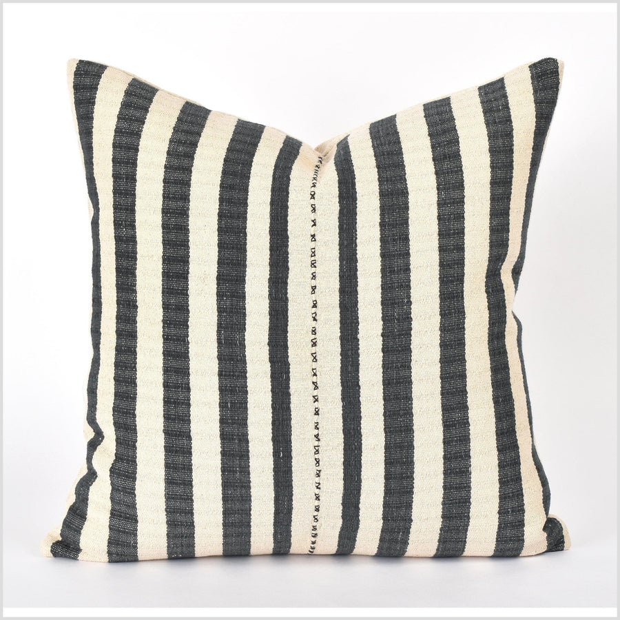 Ethnic striped cushion, cream warm off-white black tribal 19 in. square pillow, handwoven cotton, Hmong neutral, natural organic dye PP16