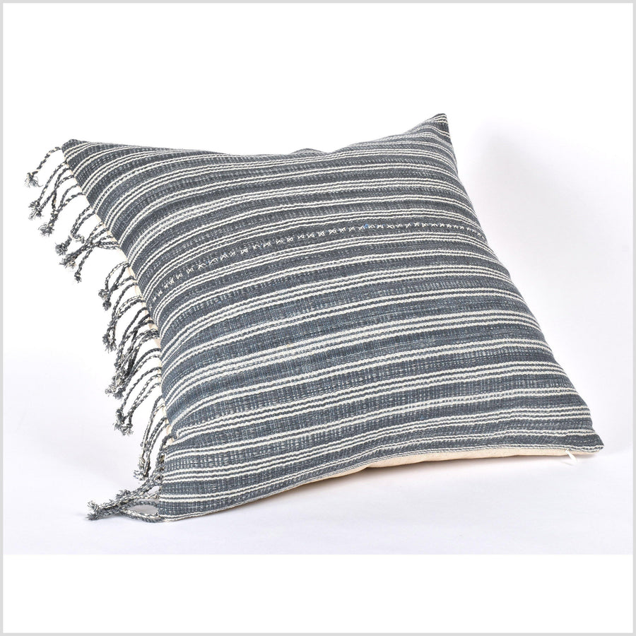 Ethnic striped cushion, gray off-white tribal 19 in. square pillow, handwoven cotton, Hmong neutral, natural organic dye PP7