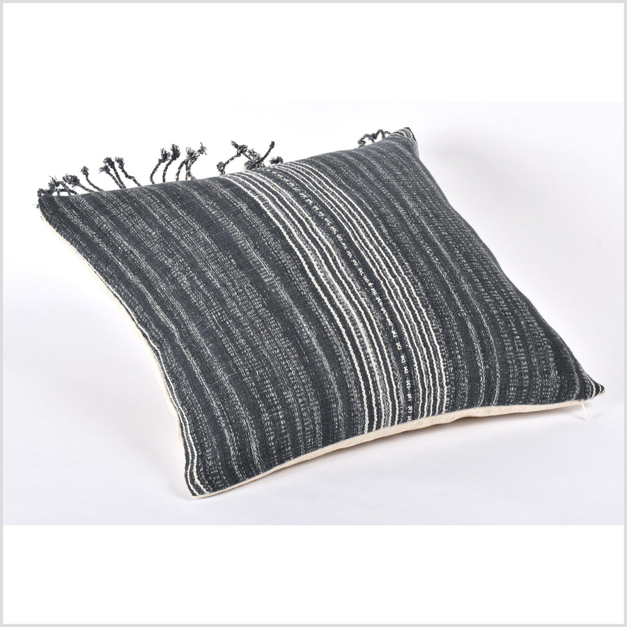 Ethnic striped cushion, warm gray off-white tribal 18 in. square pillow, handwoven cotton, Hmong neutral, natural organic dye PP11