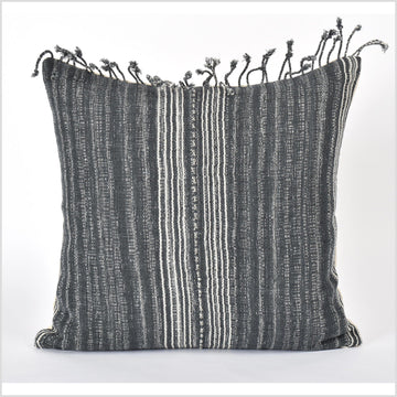 Ethnic striped cushion, warm gray off-white tribal 18 in. square pillow, handwoven cotton, Hmong neutral, natural organic dye PP11