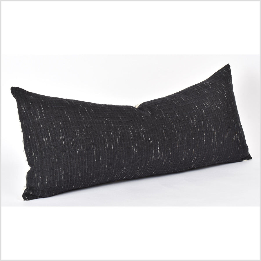 Ethnic striped extra long cushion, black white dash tribal 14 x 33 in. lumbar pillow, handwoven cotton, natural organic dye PP39
