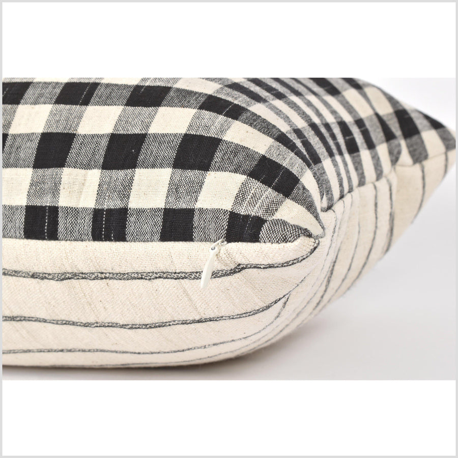 Ethnic striped long bed cushion, black warm off-white checkered tribal 14 x 34 in. lumbar pillow, handwoven cotton, natural organic dye PP38