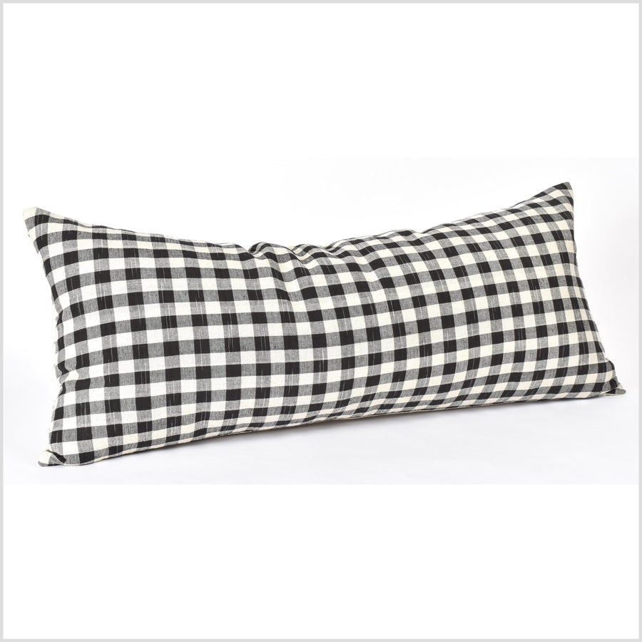Ethnic striped long bed cushion, black warm off-white checkered tribal 14 x 34 in. lumbar pillow, handwoven cotton, natural organic dye PP38