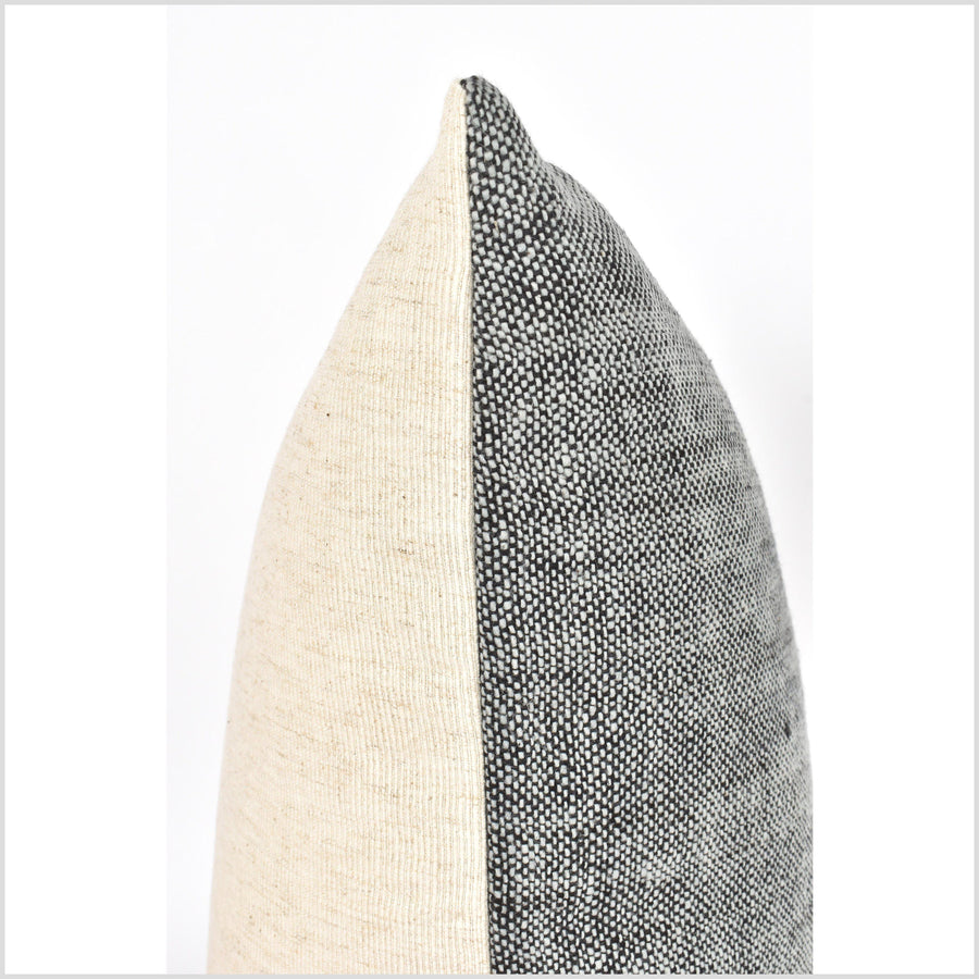Ethnic striped long cushion, gray black pebbled tribal 14 x 34 in. lumbar pillow, handwoven cotton, natural organic dye PP37