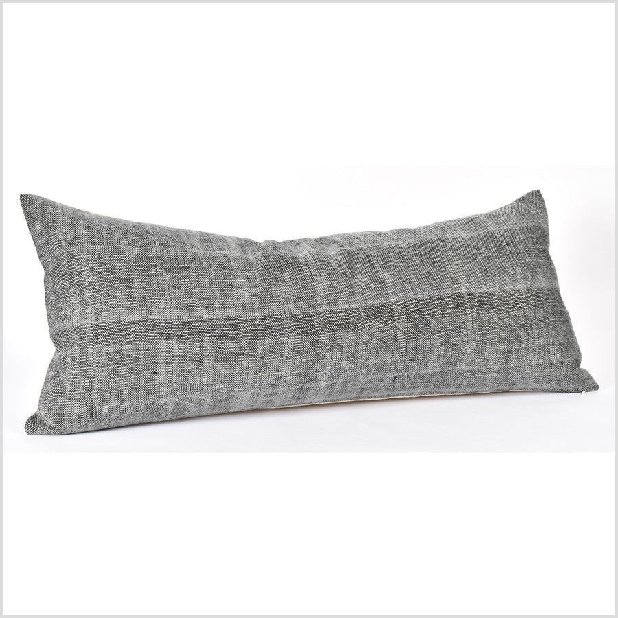 Ethnic striped long cushion, gray black pebbled tribal 14 x 34 in. lumbar pillow, handwoven cotton, natural organic dye PP37