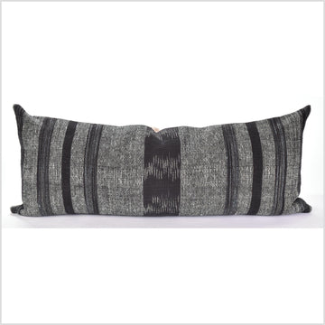 Ethnic striped long lumbar cushion, black warm off-white gray, tribal 14 x 35 in. bed pillow, handwoven cotton, natural organic dye PP64
