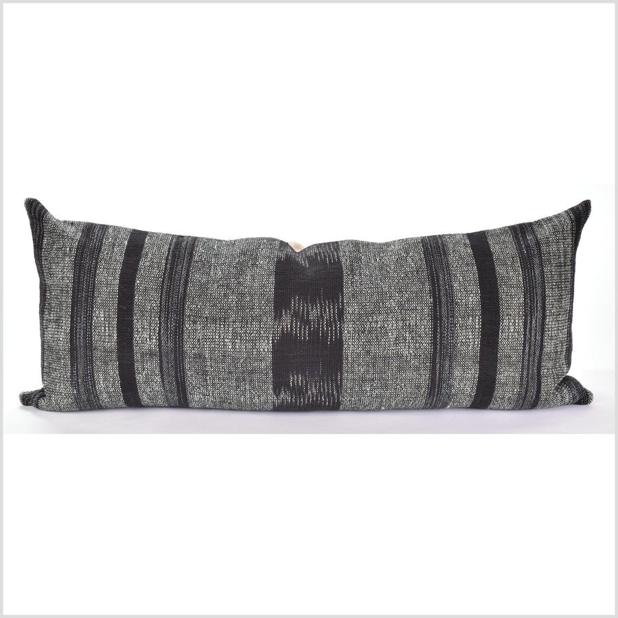 Ethnic striped long lumbar cushion, black warm off-white gray, tribal 14 x 35 in. bed pillow, handwoven cotton, natural organic dye PP64