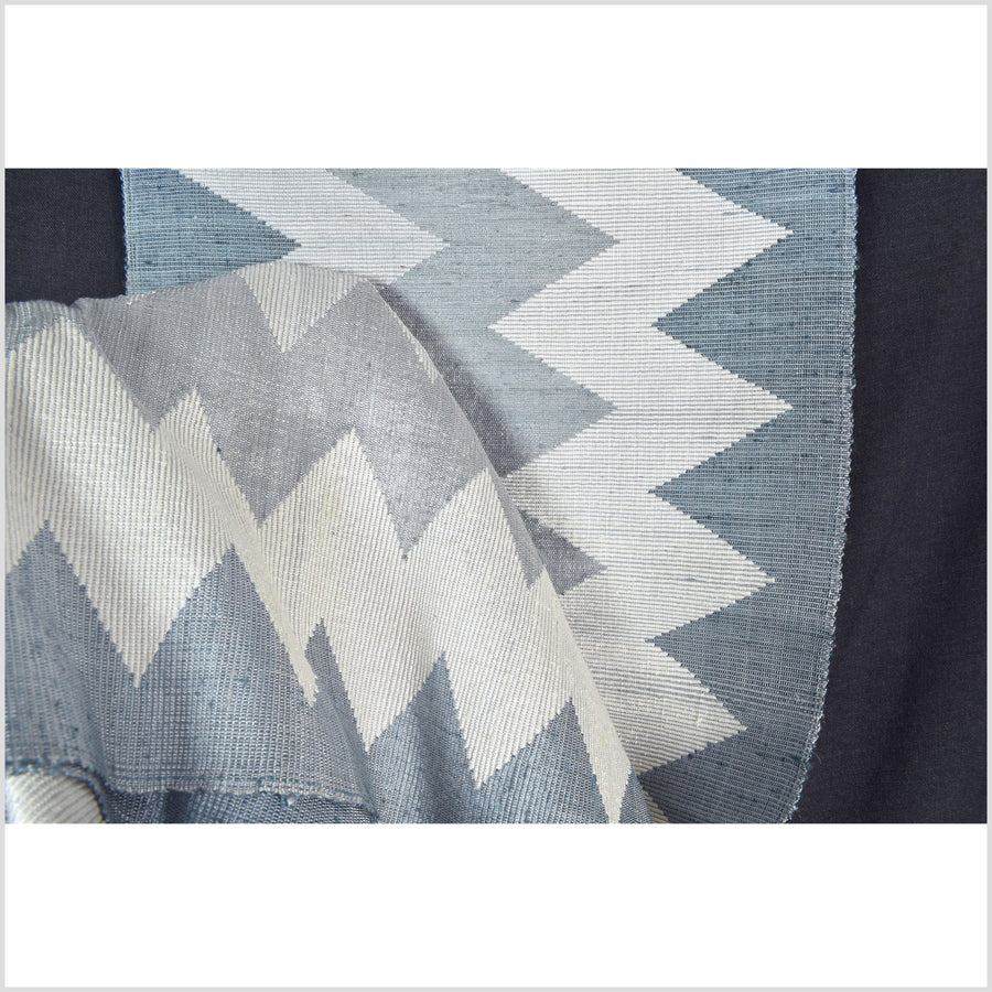 Exquisite handwoven gray sky-blue off-white 100% silk runner, Laos tapestry textile, hand spun throw, natural dye boho ethnic decor RB77