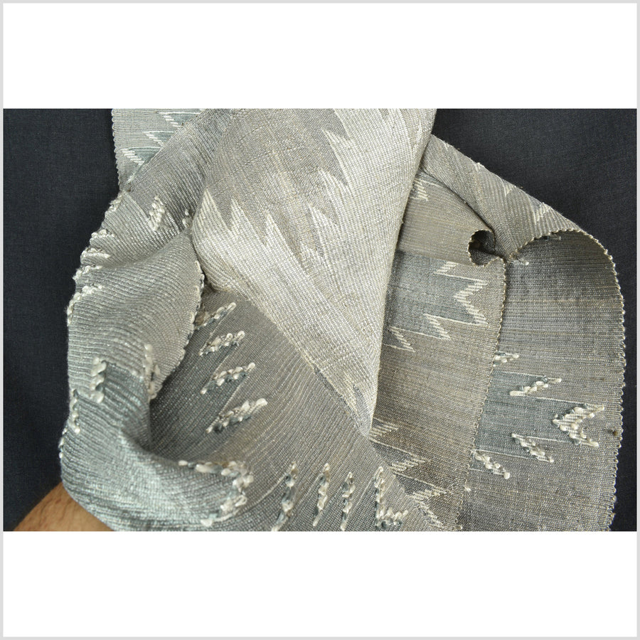 Exquisite handwoven gray sky-blue off-white 100% silk runner, Laos tapestry textile, hand spun throw, natural dye boho ethnic decor RB96