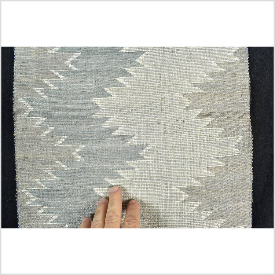 Exquisite handwoven gray sky-blue off-white 100% silk runner, Laos tapestry textile, hand spun throw, natural dye boho ethnic decor RB96