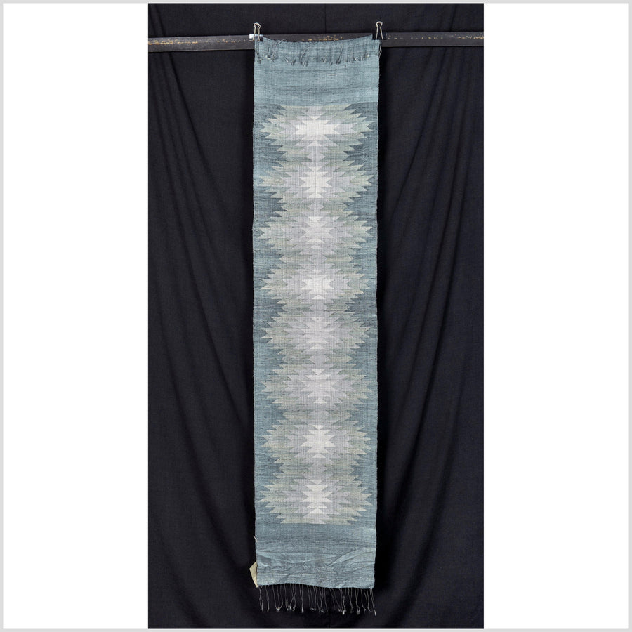 Exquisite handwoven gray sky-blue off-white 100% silk runner, Laos tapestry textile, hand spun throw, natural dye boho ethnic decor RB97