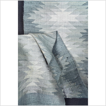 Exquisite handwoven gray sky-blue off-white 100% silk runner, Laos tapestry textile, hand spun throw, natural dye boho ethnic decor RB97