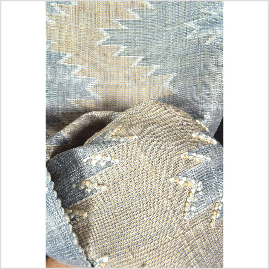 Exquisite handwoven gray sky-blue off-white gold 100% silk runner, Laos tapestry textile, hand spun throw natural dye boho ethnic decor RB80