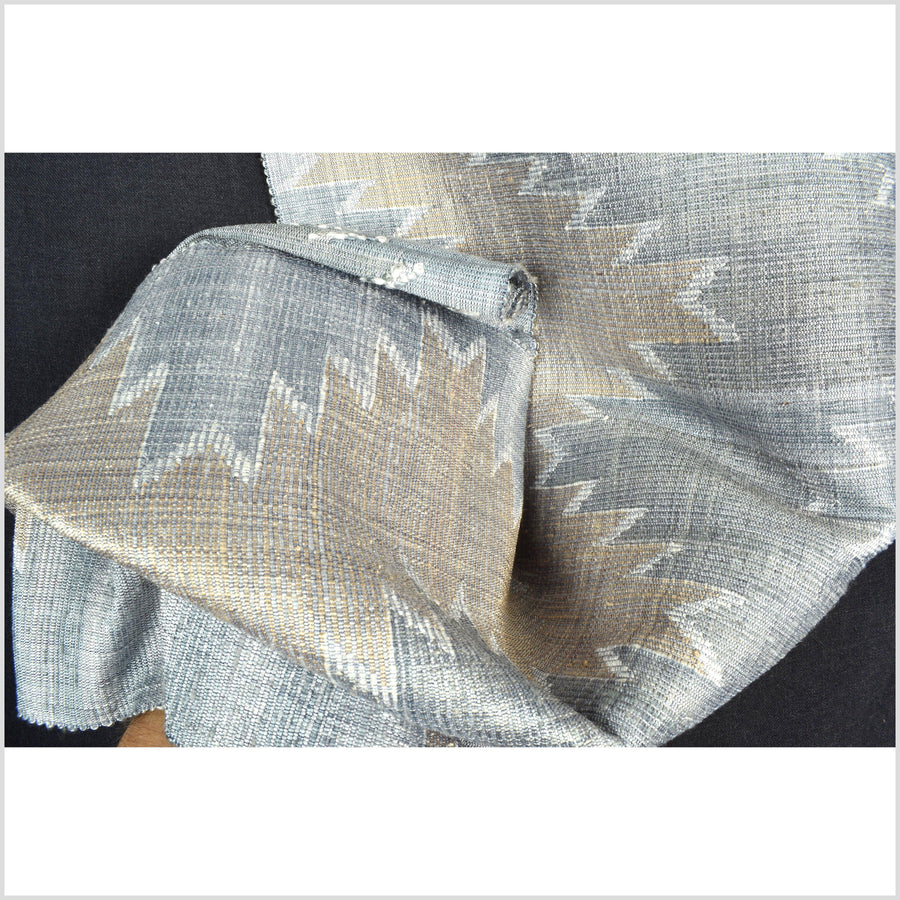 Exquisite handwoven gray sky-blue off-white gold 100% silk runner, Laos tapestry textile, hand spun throw natural dye boho ethnic decor RB80