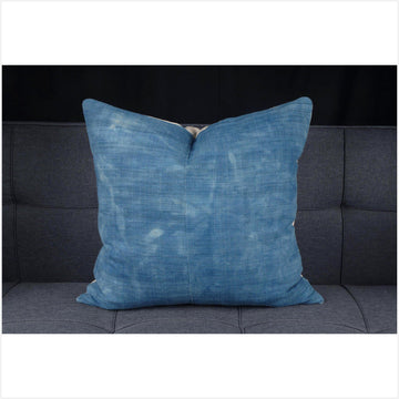 Faded indigo blue tribal hemp pillow, 23 in. square vintage Hmong/Miao textile cushion BN62