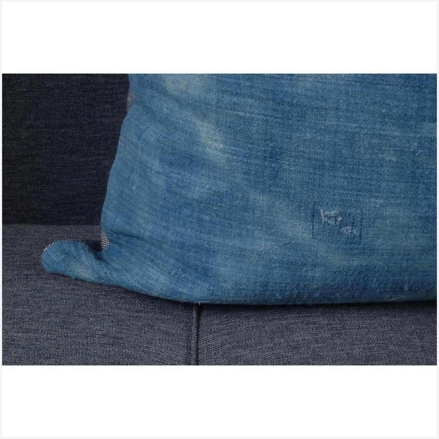 Faded indigo blue tribal hemp pillow, 23 in. square vintage Hmong/Miao textile cushion BN63