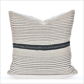 Farmhouse decor pillow, Hmong tribal 21 in. square cushion, solid color, handwoven cotton, neutral gray off-white stripe natural organic dye LL13