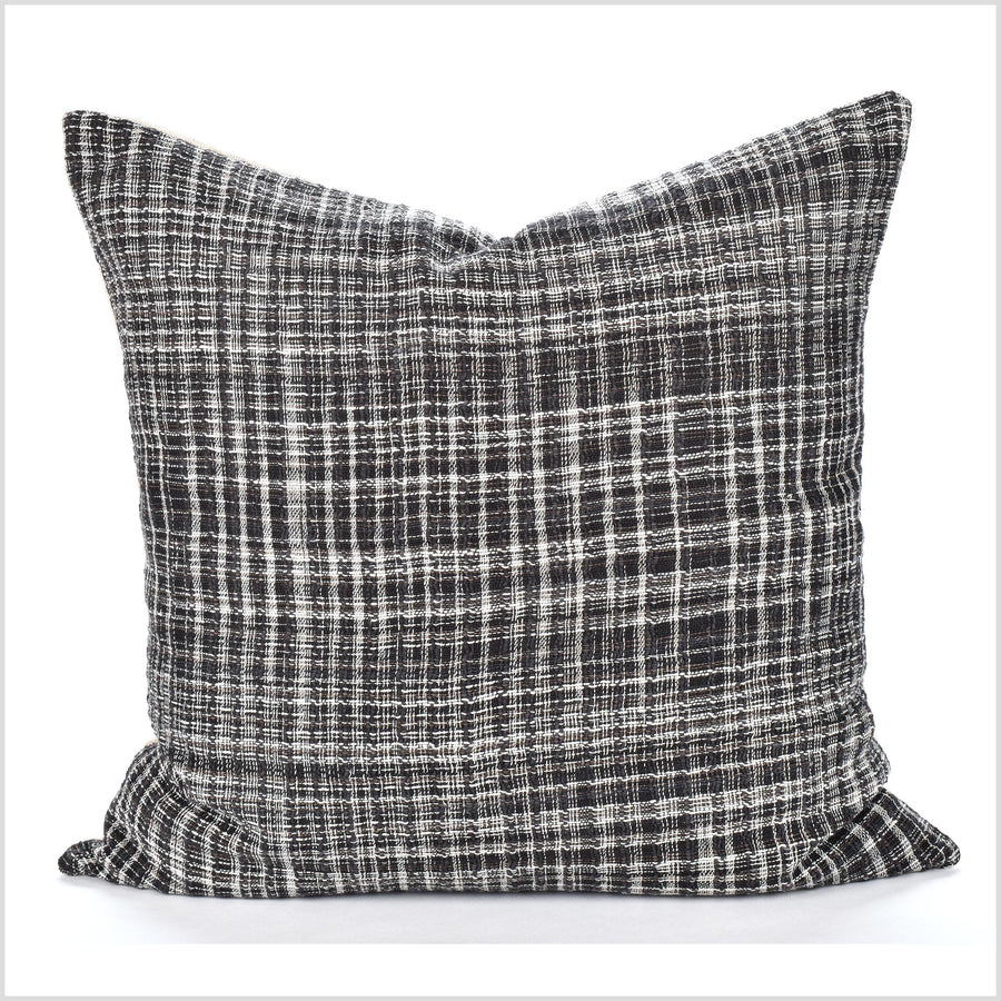 Farmhouse decor pillow, Hmong tribal 21 in. square cushion, stripe, handwoven cotton, neutral black gray white natural organic dye LL14