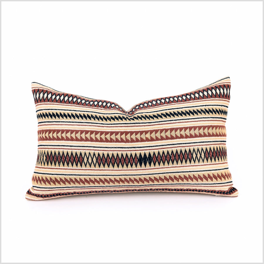 Geometric tribal ethnic Akha pillow, hand embroidered traditional textile, lumbar rectangle cushion, fair trade, multi color cheerful YY24