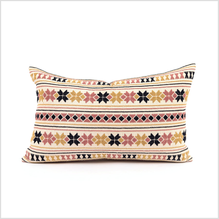Geometric tribal ethnic Akha pillow, hand embroidered traditional textile, lumbar rectangle cushion, fair trade, multi color cheerful YY26