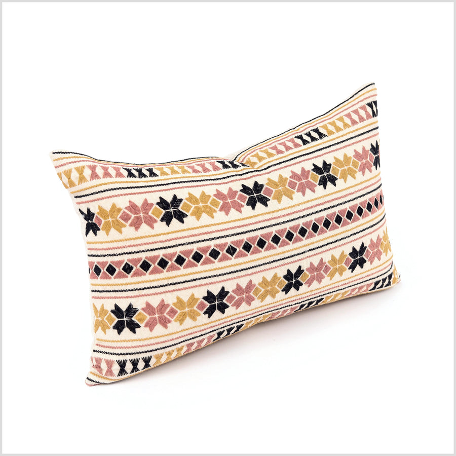 Geometric tribal ethnic Akha pillow, hand embroidered traditional textile, lumbar rectangle cushion, fair trade, multi color cheerful YY26