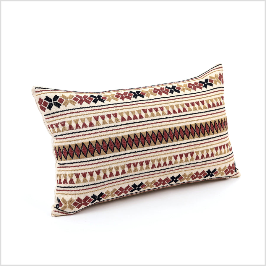 Geometric tribal ethnic Akha pillow, hand embroidered traditional textile, lumbar rectangle cushion, fair trade, multi color cheerful YY35