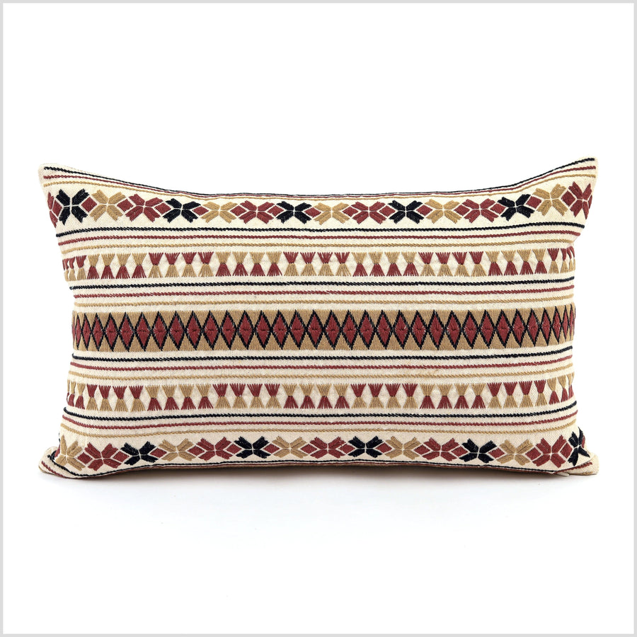 Geometric tribal ethnic Akha pillow, hand embroidered traditional textile, lumbar rectangle cushion, fair trade, multi color cheerful YY35