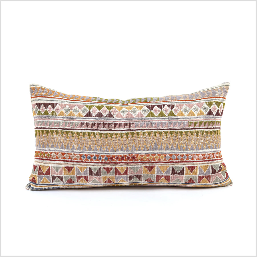 Geometric tribal ethnic Akha pillow, hand embroidered traditional textile, lumbar rectangle cushion, fair trade, multi color cheerful YY36
