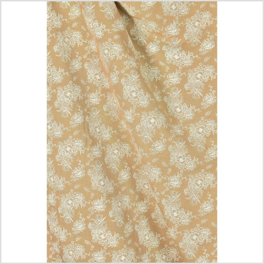 Gold and white flower print cotton fabric, medium-weight, beautiful ocher tan hue, Thailand woven craft per yard PHA281