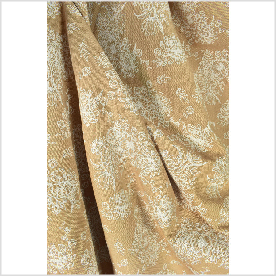 Gold and white flower print cotton fabric, medium-weight, beautiful ocher tan hue, Thailand woven craft per yard PHA281