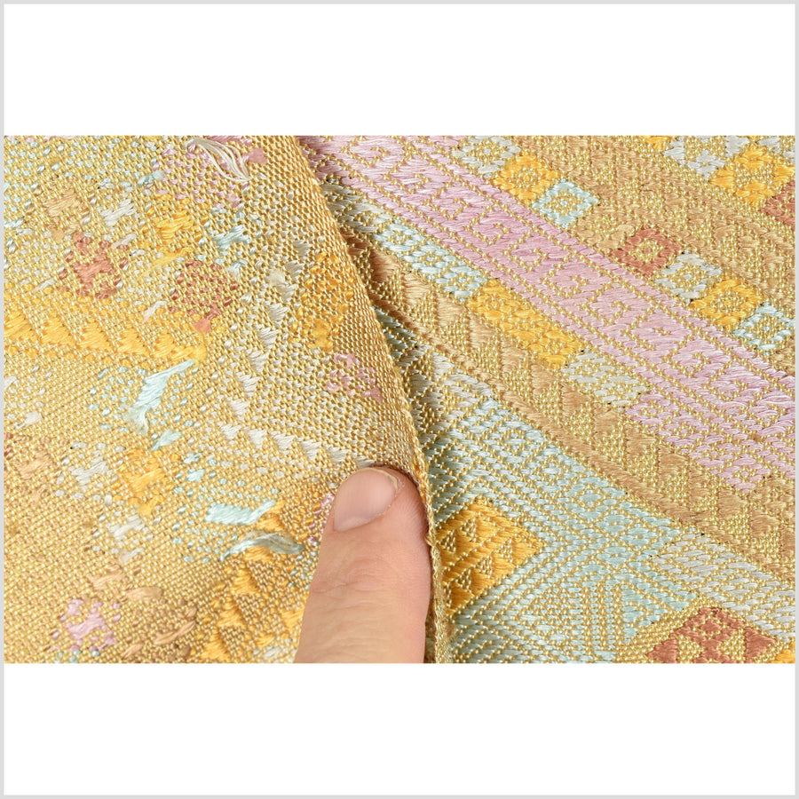 Golden silk runner tapestry scarf Laos Tai Lue boho textile wedding gift blanket handwoven throw natural dye tribal ethnic decor RB105