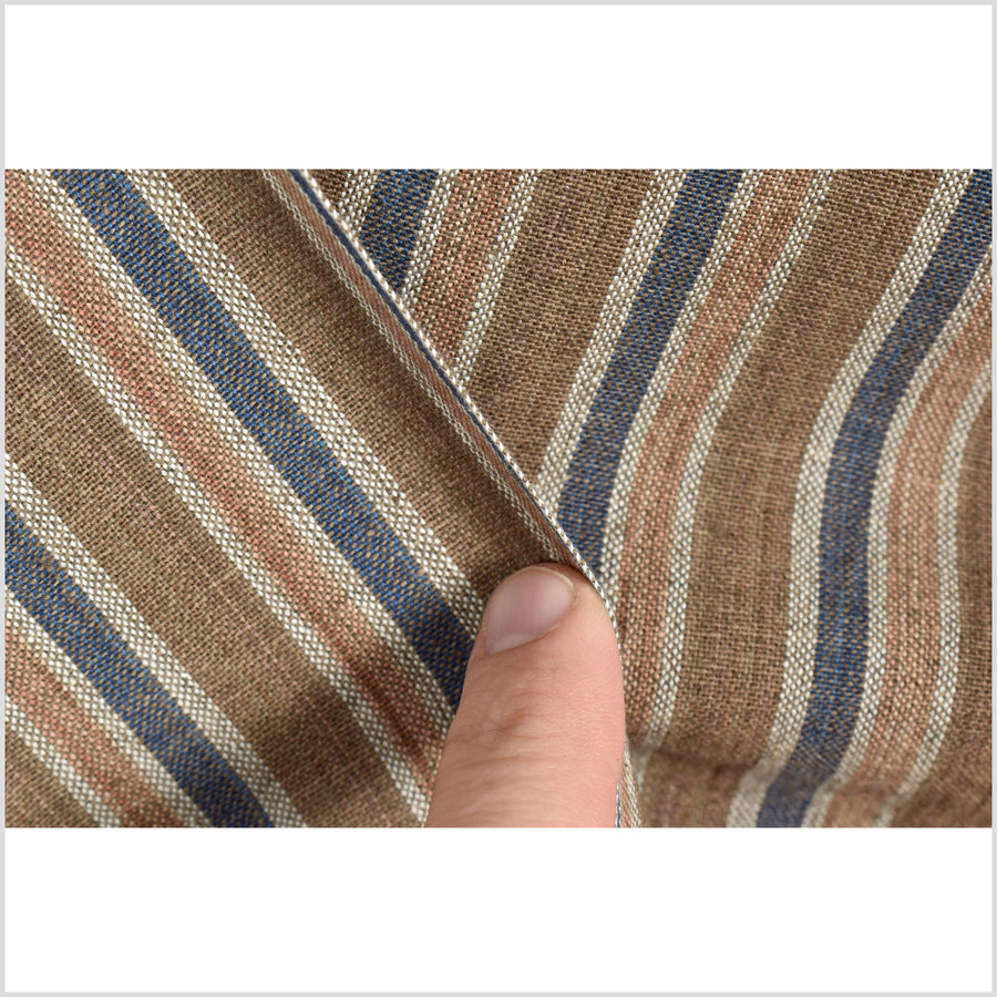 Gorgeous pale brown, blue, blush, gray striped handwoven cotton fabric, medium weight organic dye, Thailand craft supply, sold by the yard PHA322