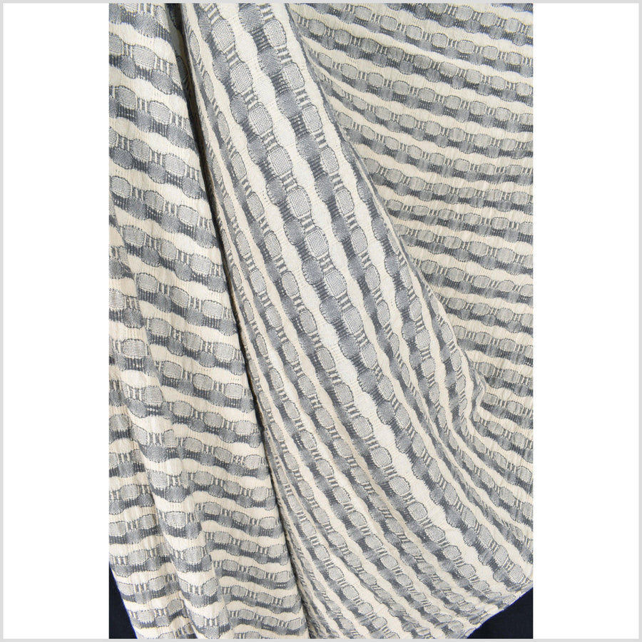 Gray and neutral unbleached off-white 100% cotton crepe fabric, circle and stripe woven pattern, per yard PHA84