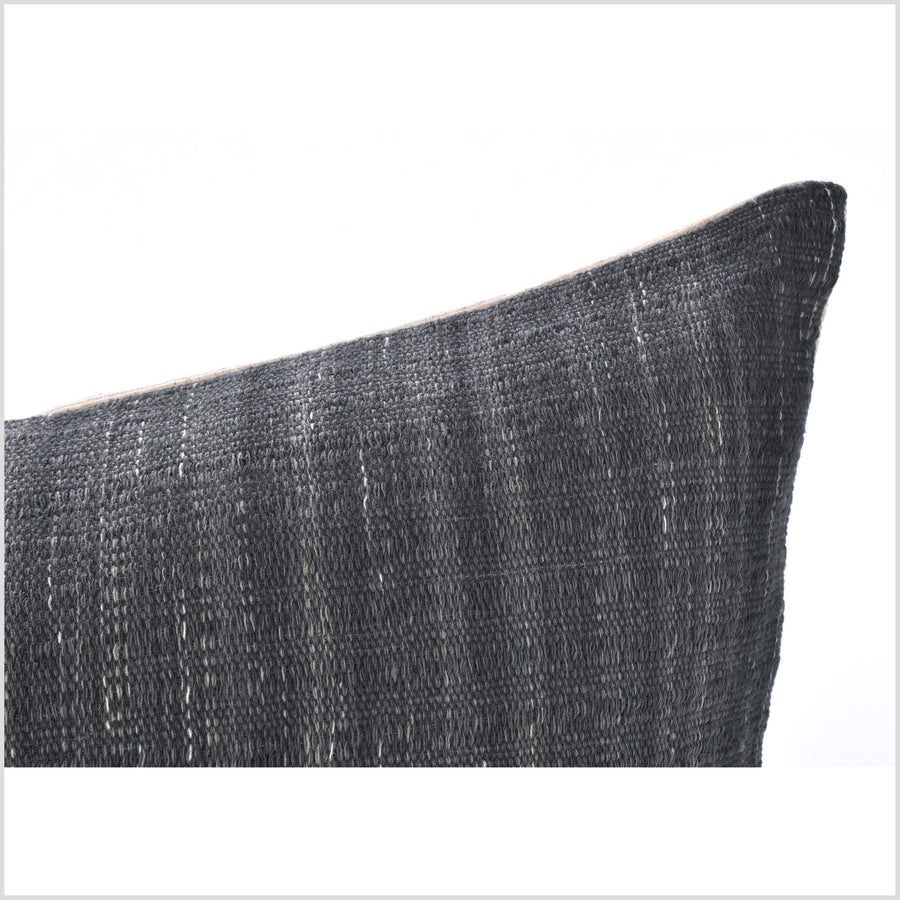 Gray black smoke lumbar pillow, neutral organic dye cushion, tribal ethnic pillowcase, Hmong hilltribe 22 inches, handwoven cotton, PP88