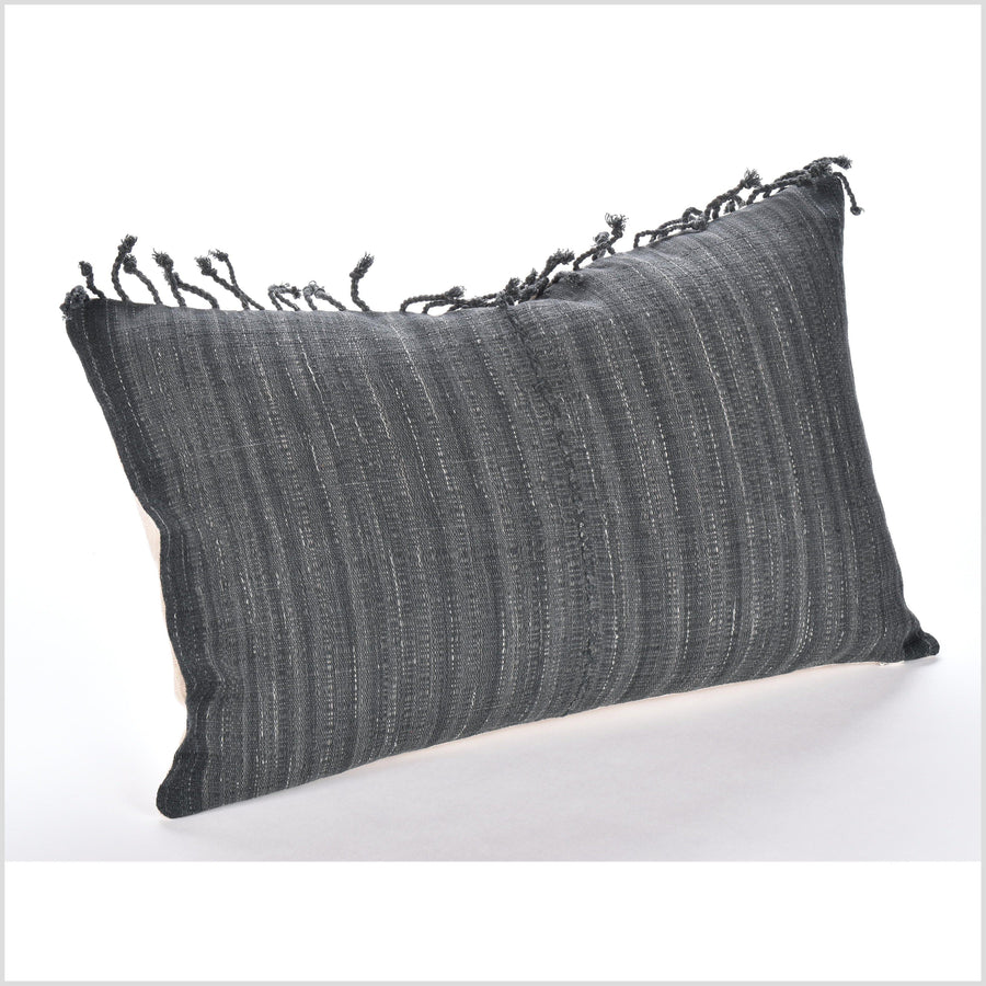 Gray black smoke lumbar pillow, neutral organic dye cushion, tribal ethnic tassel pillowcase, Hmong hilltribe 22 inches, handwoven cotton, PP89