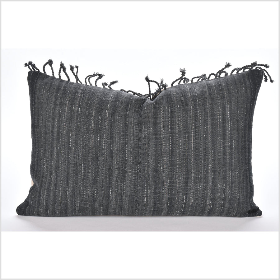 Gray black smoke lumbar pillow, neutral organic dye cushion, tribal ethnic tassel pillowcase, Hmong hilltribe 22 inches, handwoven cotton, PP89