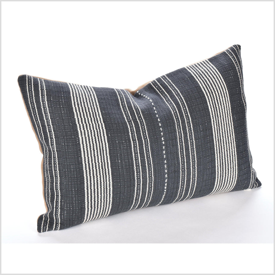 Gray charcoal, off-white, natural organic dye cushion, tribal ethnic striped pillow, Hmong hilltribe 22 inch lumbar, handwoven cotton, PP84