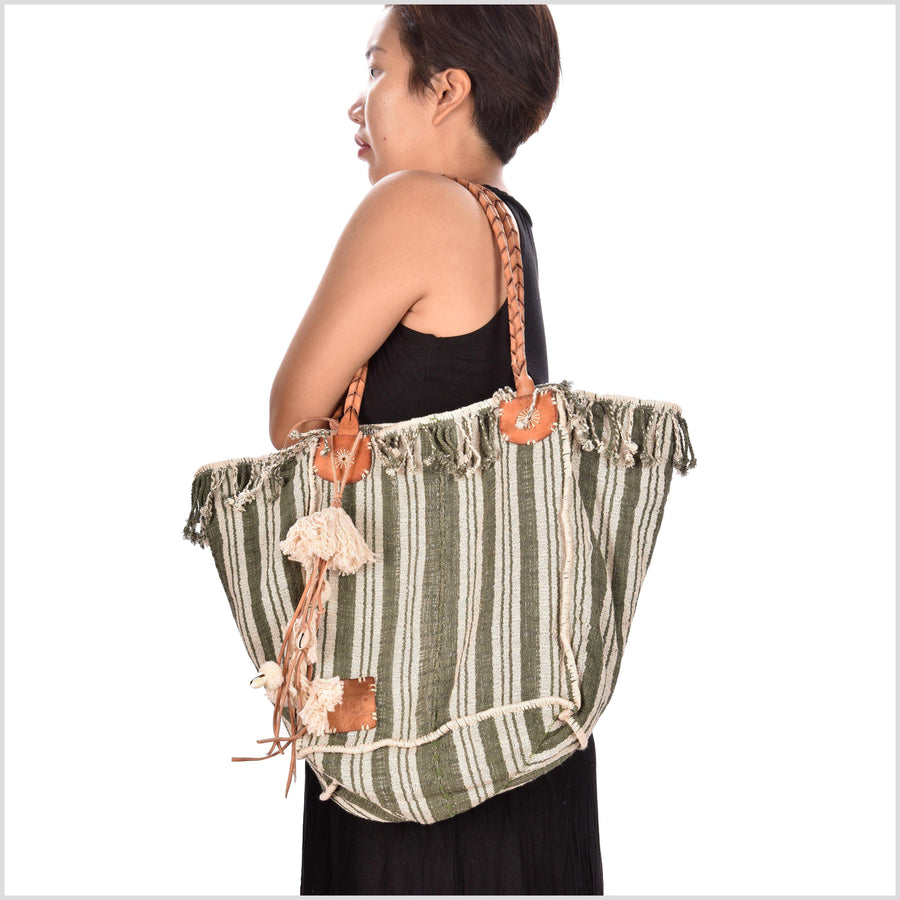 Gray-green striped cotton handbag, ethnic boho style, natural dye soft cotton, leather handles, tribal hand stitching BG18