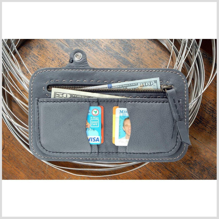 Gray leather wallet, bifold with wallet chain, money pouch, zipper pocket, man funky rustic wallet coin pocket Hand sewn. Big. FREE SHIPPING