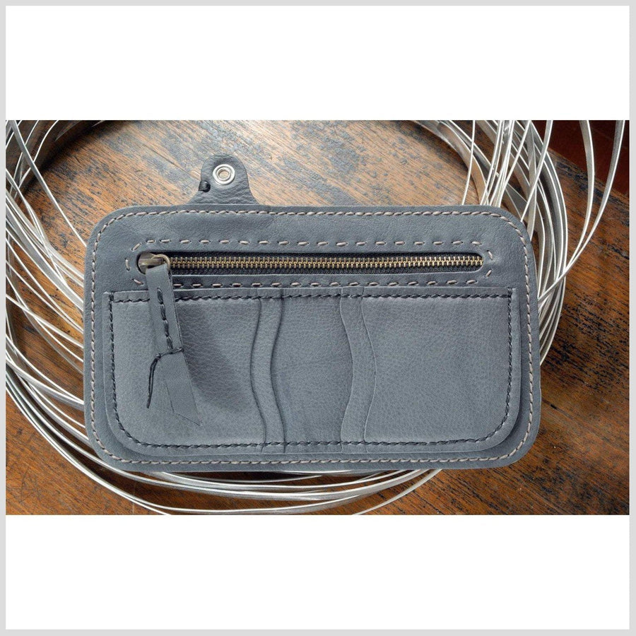 Gray Leather Wallet, Bifold with Wallet Chain, Money Pouch, Zipper Pocket, Man Funky Rustic Wallet Coin Pocket Hand Sewn. Big.