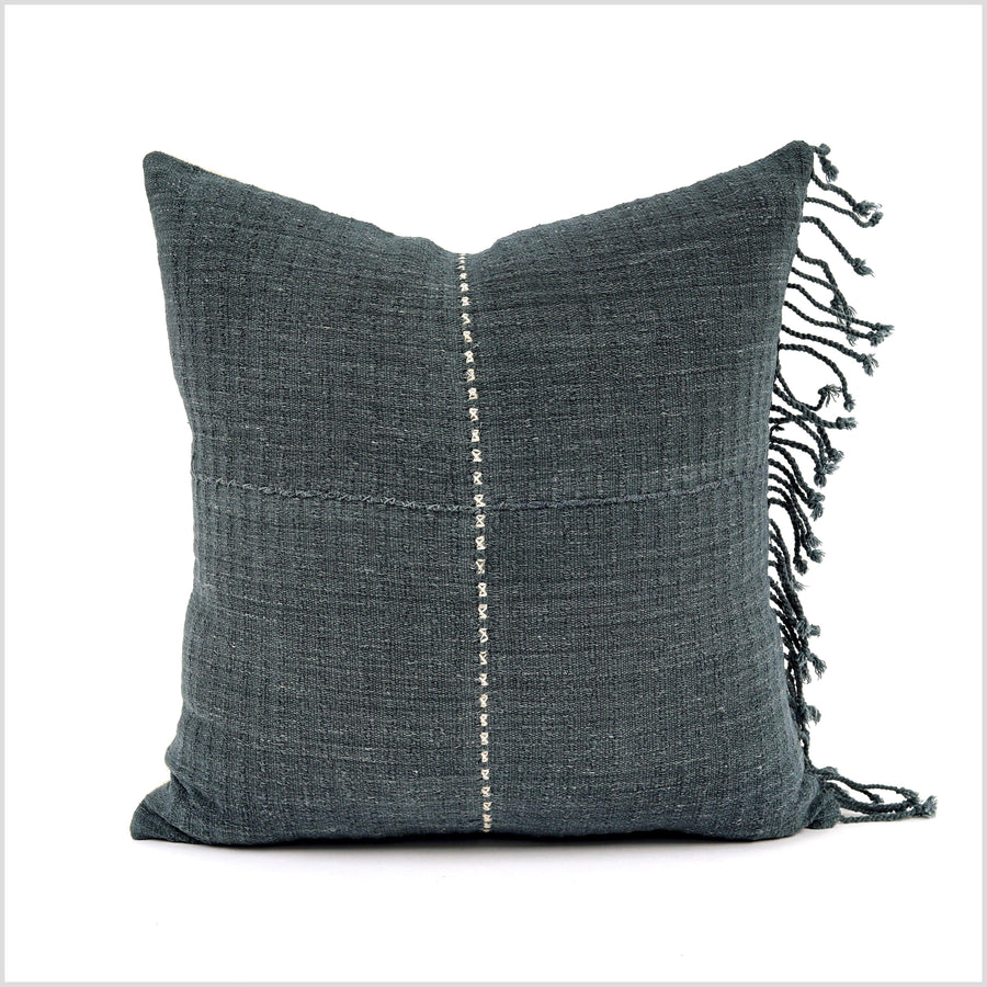 Gray, off-white pillow, Hmong tribal 18 inch square cushion, handwoven cotton, hand sewing, tassels, natural organic dye, Thailand YY15