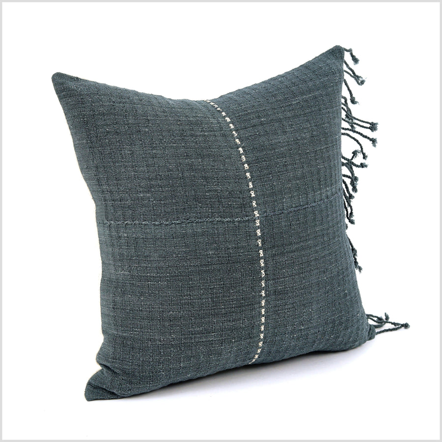 Gray, off-white pillow, Hmong tribal 18 inch square cushion, handwoven cotton, hand sewing, tassels, natural organic dye, Thailand YY15