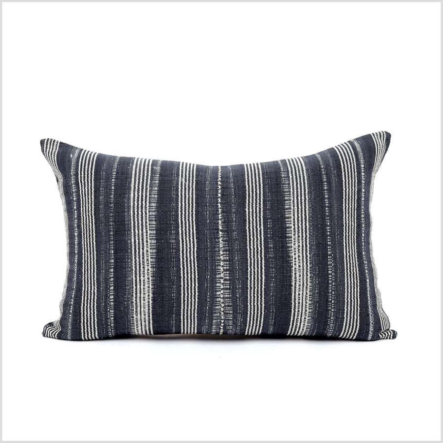 Gray off-white stripe lumbar pillow, neutral organic dye cushion, tribal ethnic boho pillowcase Hmong hilltribe 22