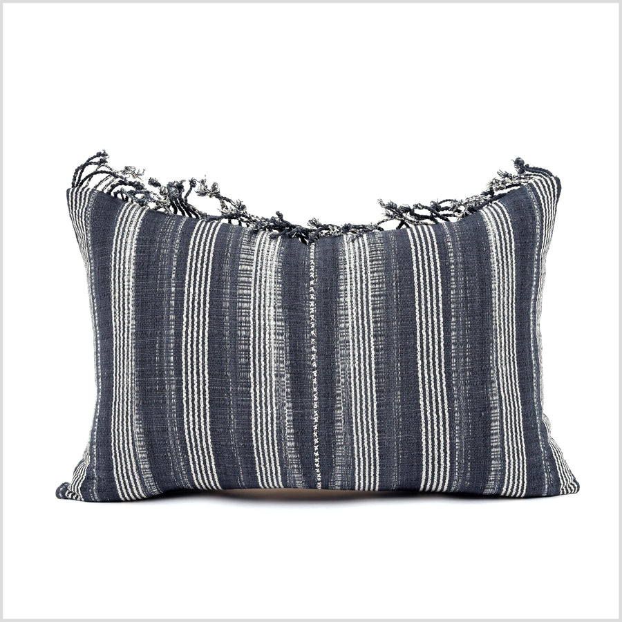 Gray off-white stripe lumbar pillow, neutral organic dye cushion, tribal ethnic tassel pillowcase Hmong hilltribe 22